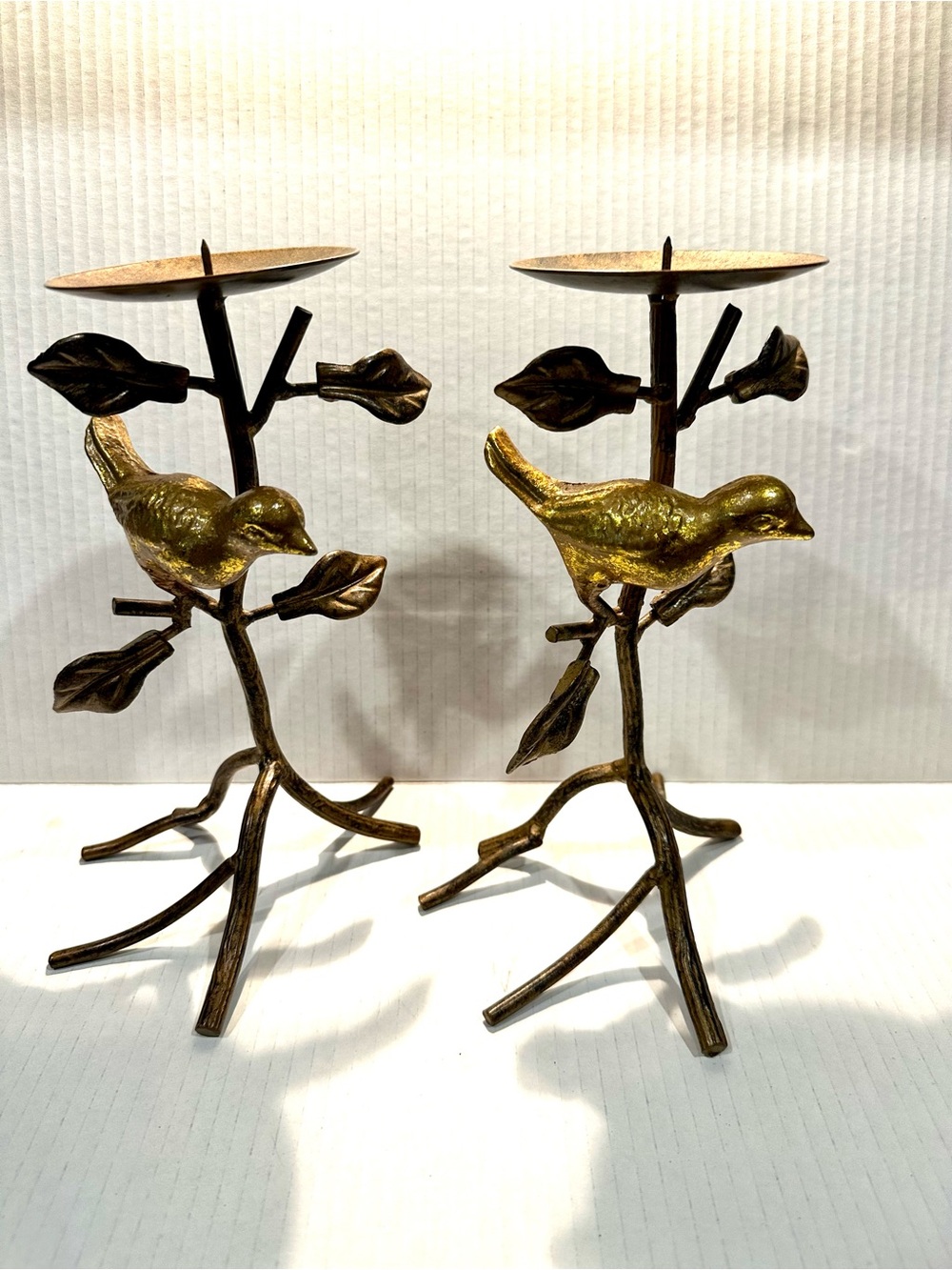 Decorative Brass Metal Gold Tone Bird on a Branch Candle Holders - Set of 2